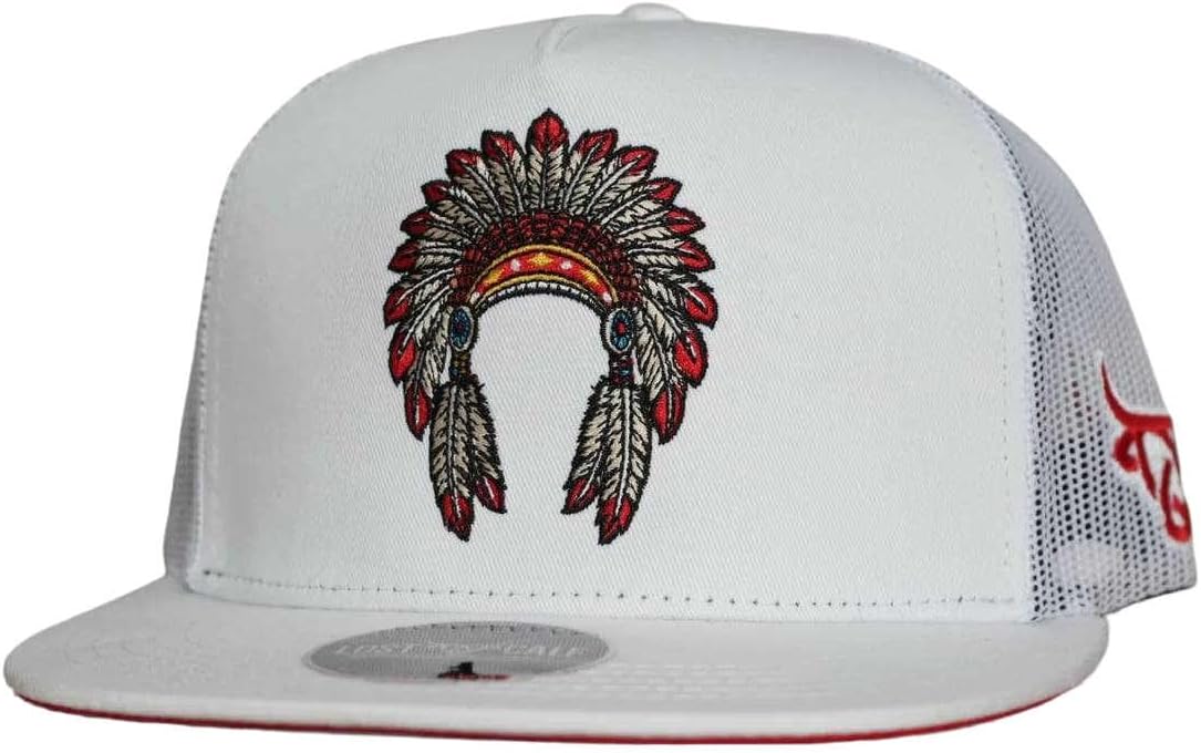 LOST CALF Cheif Flat Bill Trucker Hat – White Mesh Back Snapback Patch Cap, Adjustable Unisex Western Style Hat.