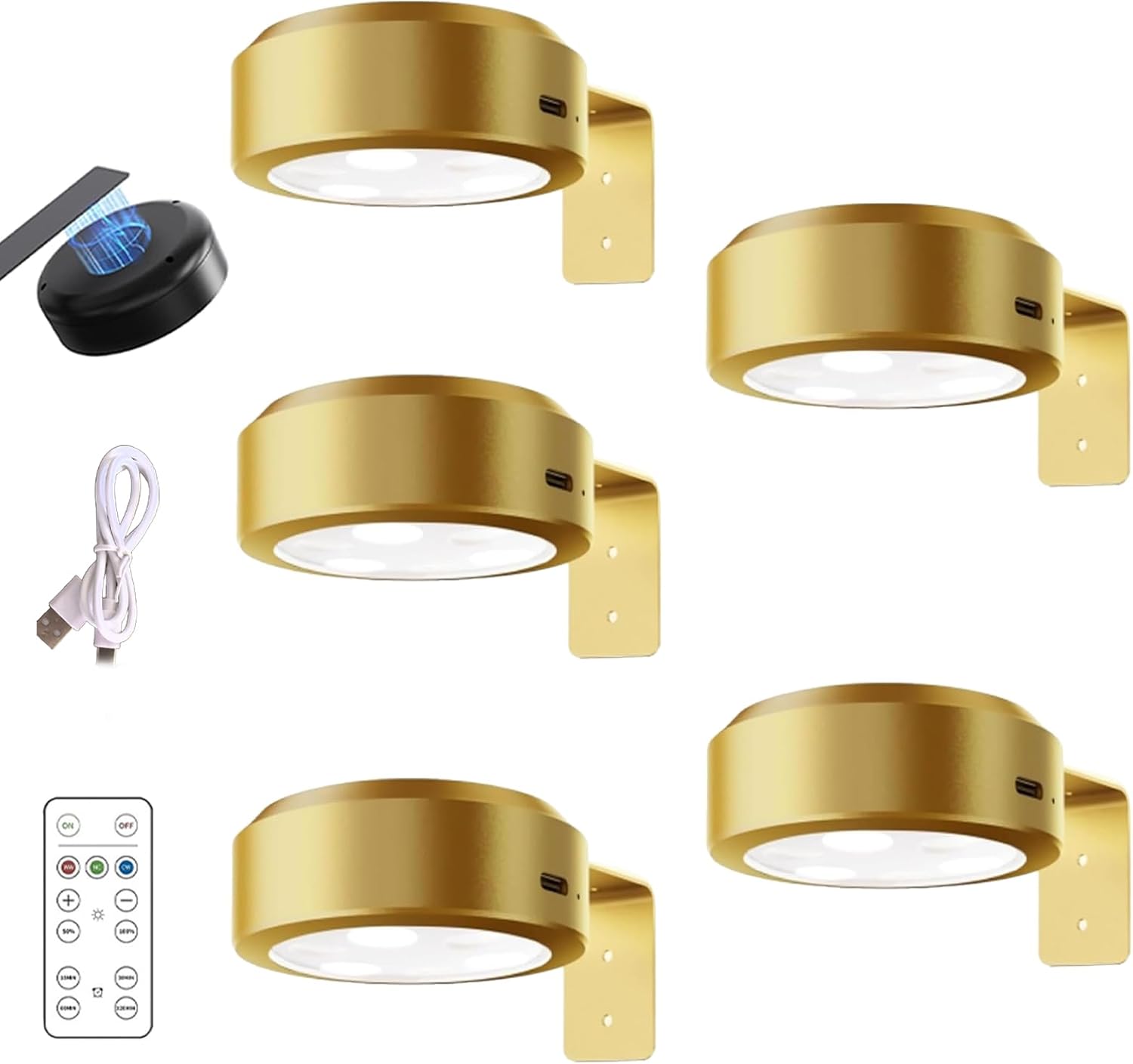 Lights of Sweden Wall Lights, LightsofSweden Infinity Wall Lamp with Remote, Rechargeable Mounted Sconces with 3 Color Temps & Remote, No Drill Magnetic, Adjustable Brightness (Gold,5pcs)