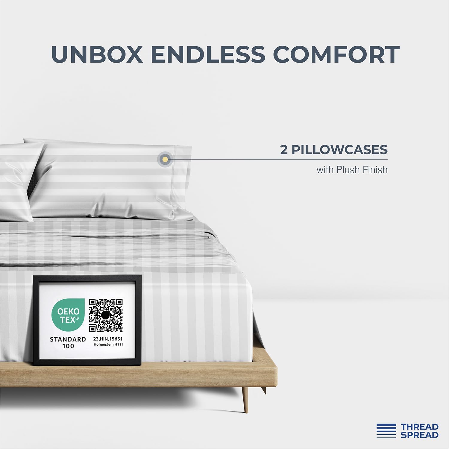 Thread Spread 100% Egyptian Cotton Pillow Cases Standard/Queen Size Set of 2 - Luxury 1500 Thread Count Sateen White Stripe Pillow Cases, Soft Cotton Pillowcases Fits Standard & Queen Pillows - Image 3