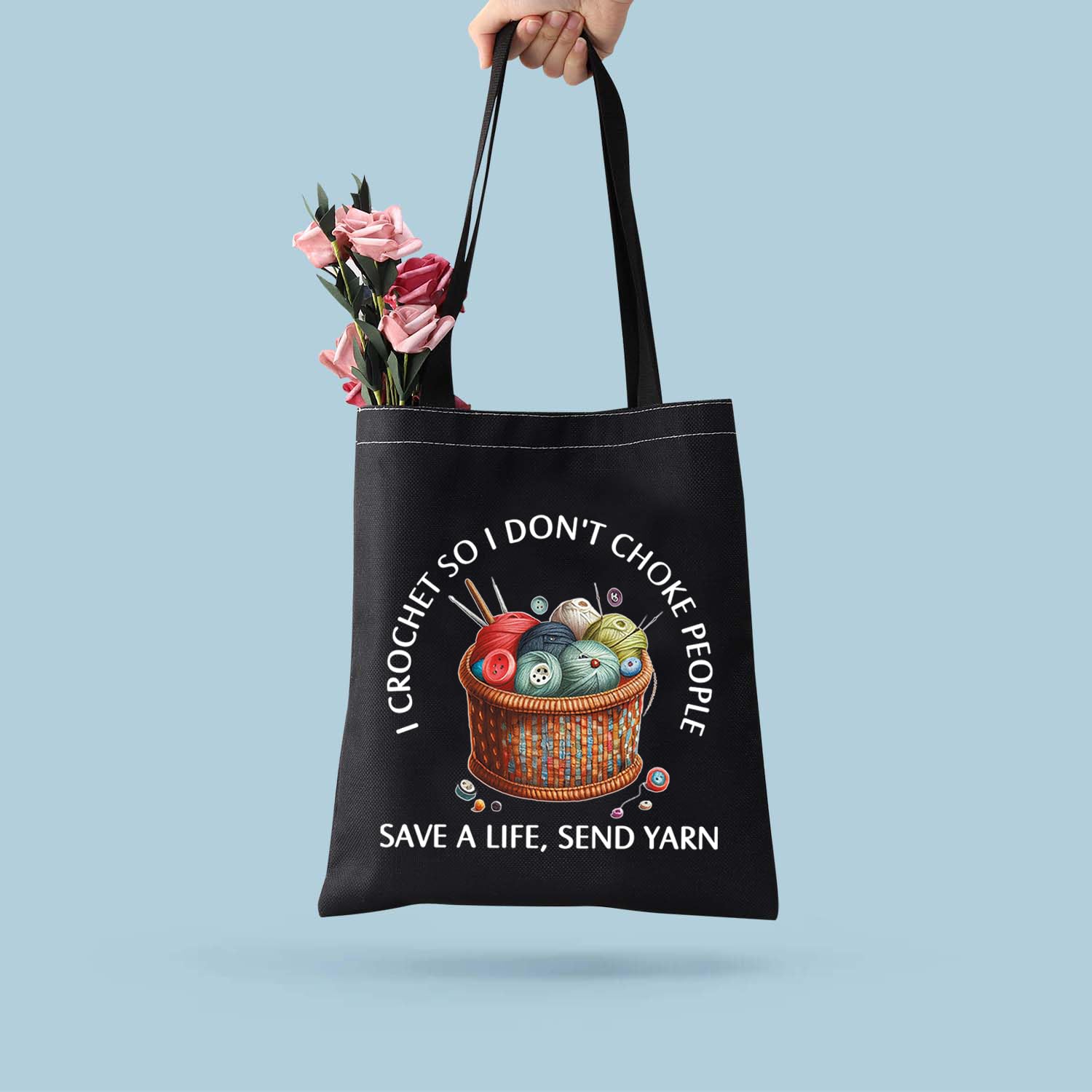 PLITI Crochet Gift Tote Bag - Save A Life, Send Yarn, Crochet So Yarn Tgblu, 15.7 x 13.7 x 41.3 inches - Image 3