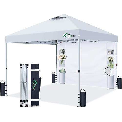 10x10 Pop Up Canopy Tent with Sidewall and 6 Pockets,1-Person Setup Pop Up Canopy Tent with 1-Button Push and Wheel Carry Bag, Bonus 8 Stakes and 4 Upgraded Heavy Duty Canopy Weights