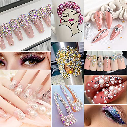 7000Pcs Half Round Pearls & Crystal Rhinestones & Mini Metal Caviar Beads, Flatback White Half Pearls & Clear Ab Rhinestones & Gold Silver Micro Balls With Tweezer & Picker Pen For Nail Art Crafts #TOP6