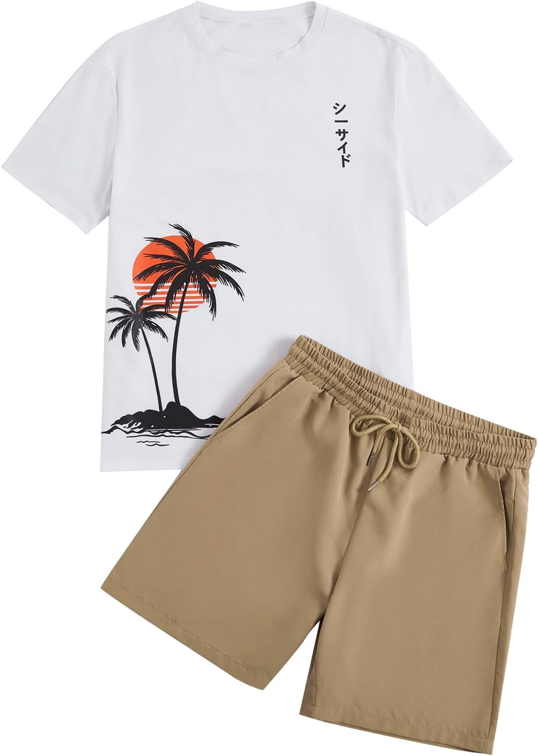GORGLITTER Men's 2 Piece Outfits Tropical Print Short Sleeve Tee and Drawstring Waist Shorts Set