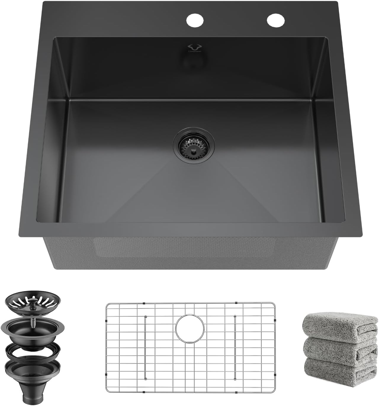 Drop In Kitchen Sink 27 Inch Black Top Mount Sink 16 Gauge Stainless Steel 2-Hole Deep Single Bowl Kitchen Sinks 27"X22"X10"