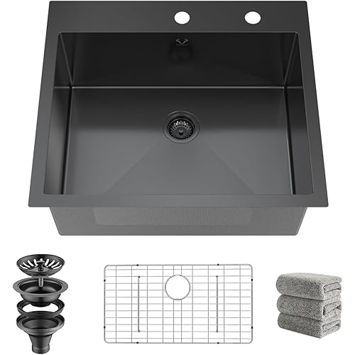 Drop In Kitchen Sink 27 Inch Black Top Mount Sink 16 Gauge Stainless Steel 2-Hole Deep Single Bowl Kitchen Sinks 27"X22"X10"