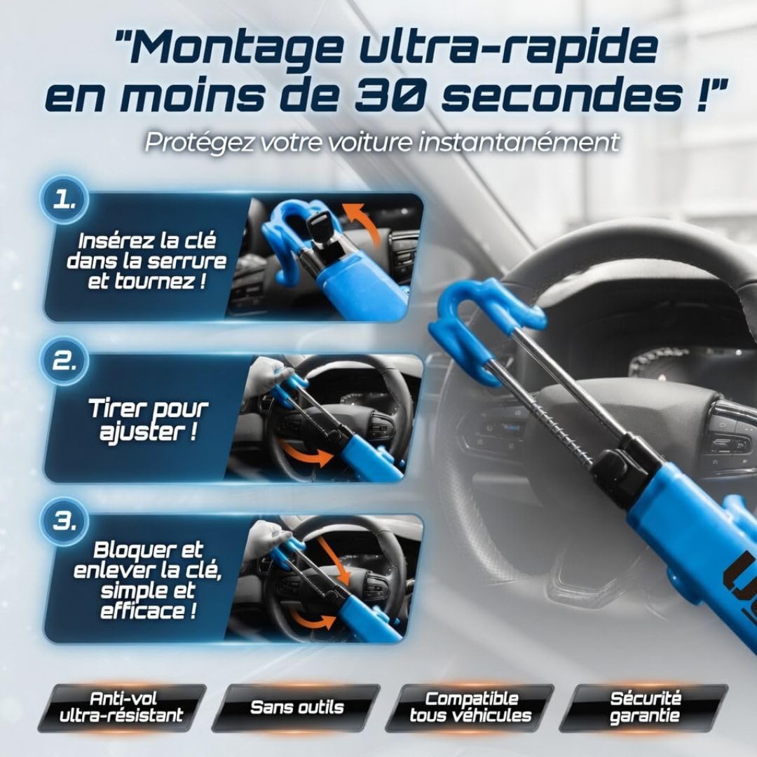 Ugozen Antivol Voiture Canne Haute Visibilité Bleu | Barre Bloque Volant Universel Dissuasif