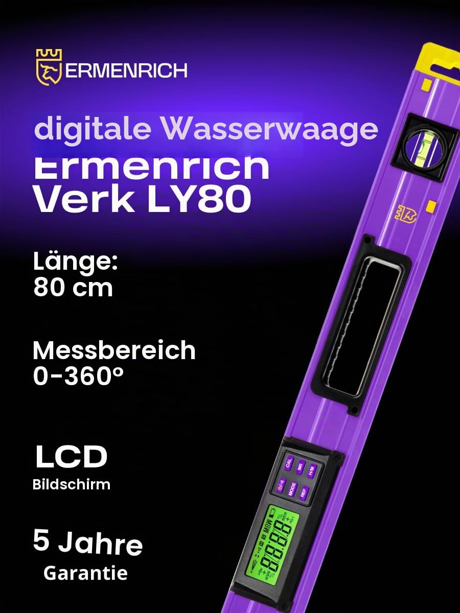 Verk LY80 Digitale Wasserwaage Winkelmesser mit LCD-Bildschirm | 0–360° Magnetisch Neigungssensor, 2 Libellen, ±0,1° Genauigkeit, 4 Messmodi, Hold-Funktion, für Bau, Heimwerken, Holzarbeiten