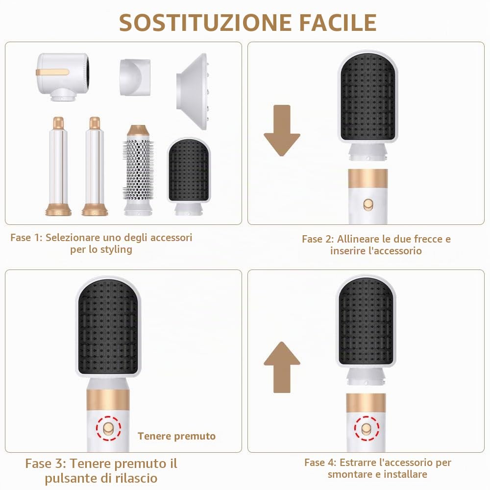 Asciuga Capelli 7 In 1, Air Styler Con Spazzola Asciugacapelli, Lisciante, Diffusore, Ugello Per Lo Styling, 110000 Giri/Min Phon Per Lisciare, Volume e Styling