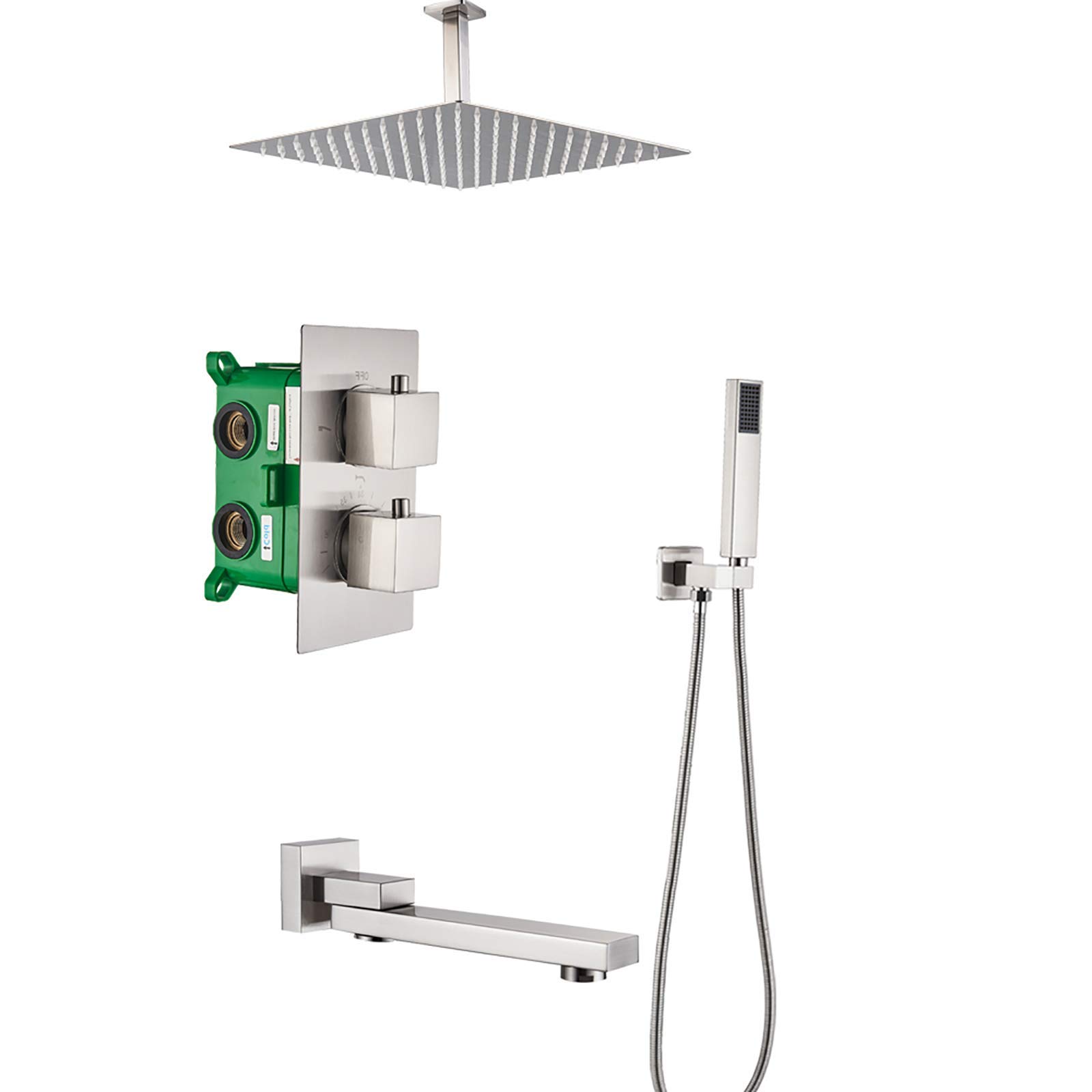 Set Doccia Combinato termostatico con Miscelatore a Pioggia Spazzolato, Rubinetto Doccia da Bagno a soffitto con soffione Quadrato, doccetta a Mano, Bocca di erogazi,8 Inches