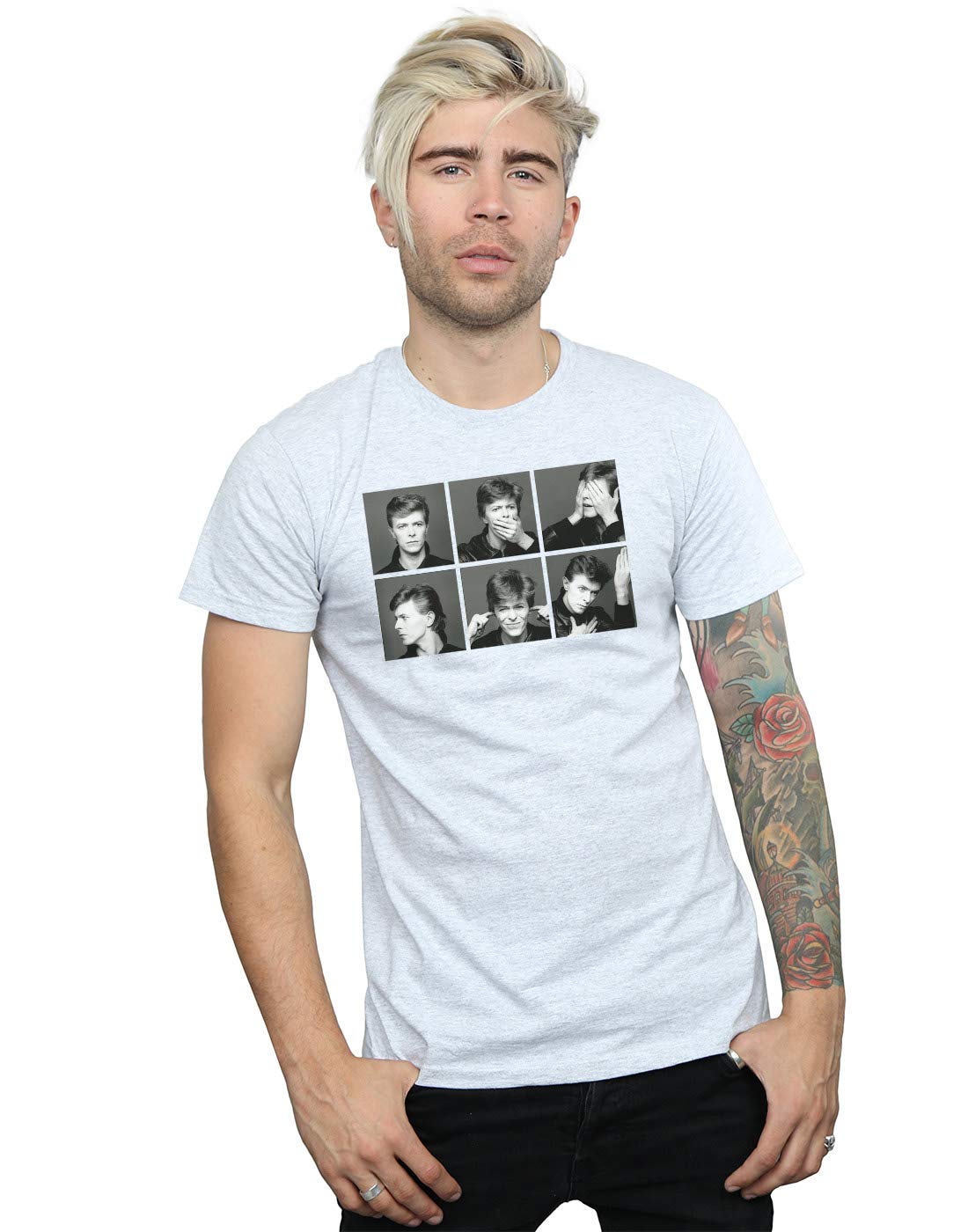 David Bowie Men's Photo Collage T-Shirt Sport Grey Large