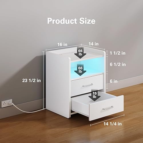 Miniatura 3 de Mesita de noche con estación de carga y tira de luz LED, mesitas de noche con 2 cajones, mesa auxiliar para dormitorio, mesitas de noche LED blancas