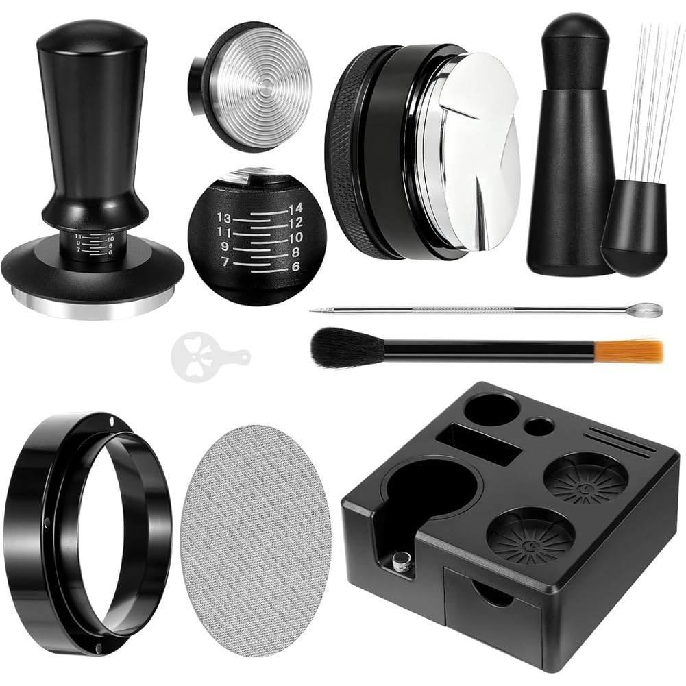 Hndhbfgrt 9 PCS Espresso Accessories Kit WDT Tool Espresso Distributor, Stirrer, Dosing Funnel,