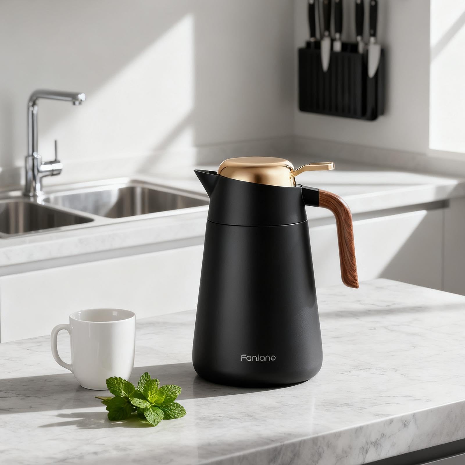 MERIGLARE Jarra Térmica para Café con Tapa Dispensador de Agua Y Té en Acero Inoxidable Doble Pared Aislante Al Vacío Jarra Termo Resistente Adecuada para, Negro, Individual