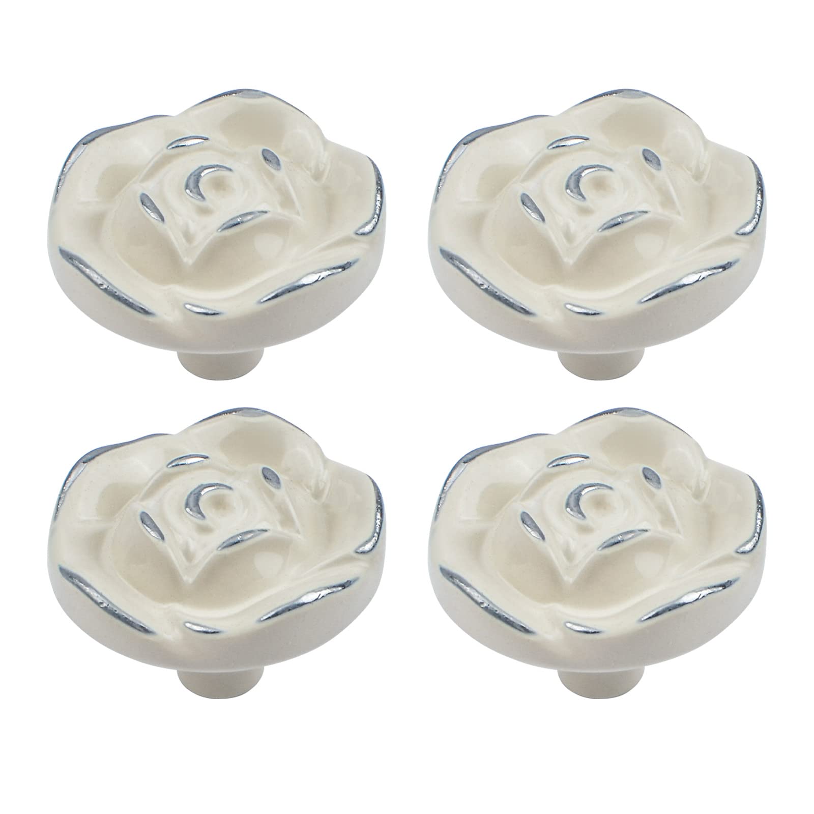 MOROBOR Antique Rose Flower Cabinet Knobs, 4pcs Vintage Zinc Alloy Handles Ivory White Drawer Handle Knobs for Dresser Cabinet with Mounting Screws(Silver Edge)