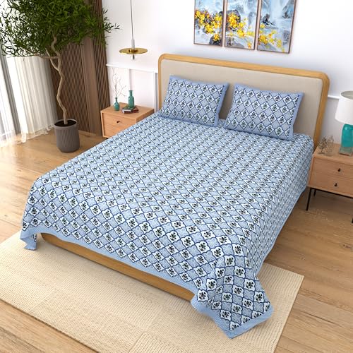 Image of India 100% Pure Cotton Jaipuri Printed Double Bedsheet with 2 Pillow Covers | Traditional Sanganeri Floral Design | Soft Breathable Fabric | King Size Bedsheet for Bedroom (Kaya33)
