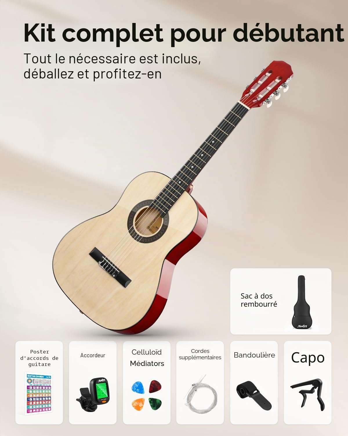 Moukey Guitare Acoustique 36 Pouces pour Débutants Enfants et Jeunes, guitare voyage Dreadnought 3/4 avec housse, accordeur, médiators, cordes nylon, capodastre et sangle