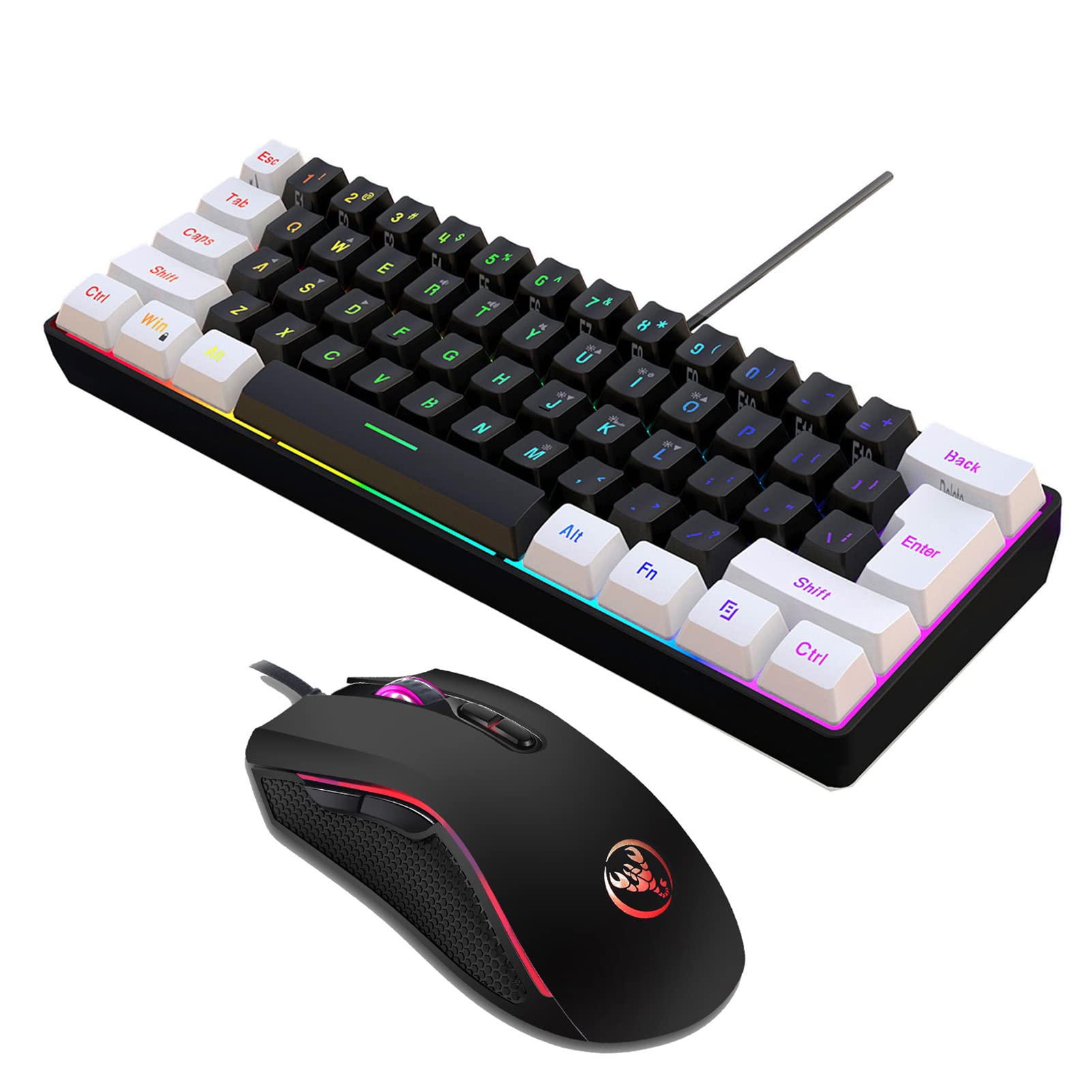Irfora V700BW+A869 - Kit tastiera e mouse USB per computer con retroilluminazione RGB a 61 tasti + mouse da gioco cablato, illuminazione LED colorata, DPI a 4 livelli, max. 3200 DPI per PC laptop