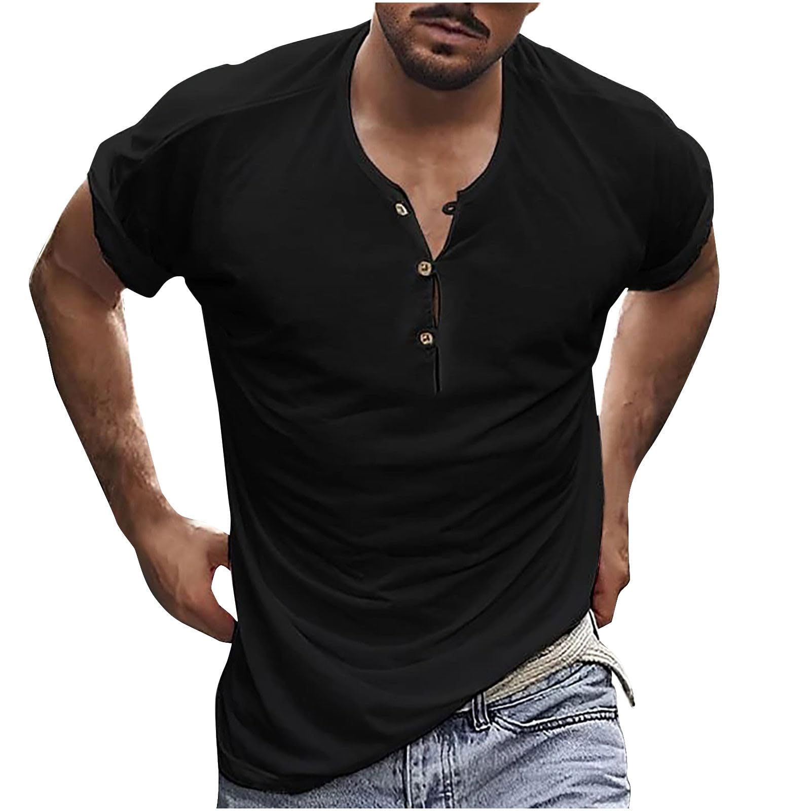 HAOLEI Camisetas Manga Corta Hombre,Casual Camiseta Hombre de Cuello Redondo con Botones Colores Puros Camisetas Hombre Camiseta Verano en Distintos Colores Basica y Ligero Camisetas Deporte Hombre