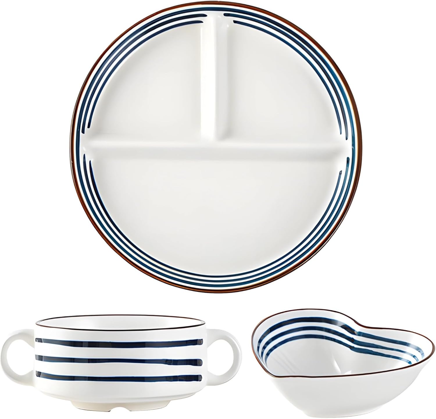 3 Pcs Divided Dinnerware Set, Ceramic Portion Control, Includes Heart Bowl And Dual-Handled Cup, Japanese Style Tableware For Adults And Youngsters