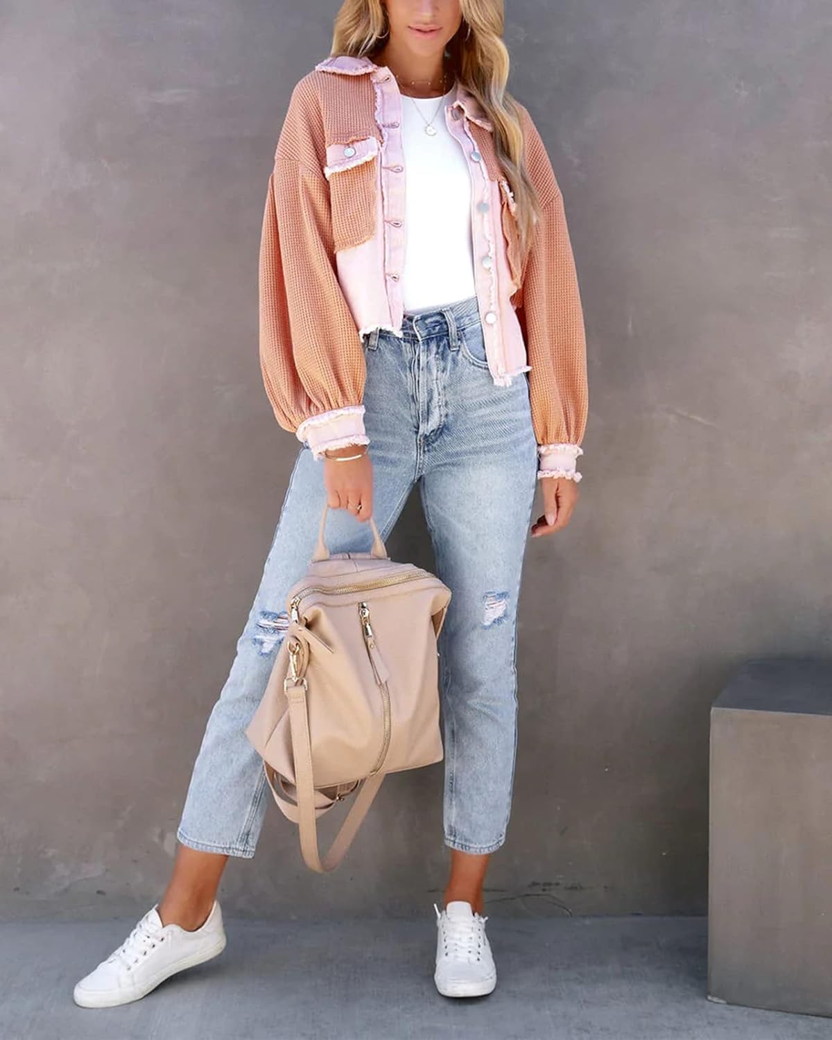 Women Waffle Knit Shacket Cropped Denim Stitching Button Down Loose Long Sleeve Jacket Tops