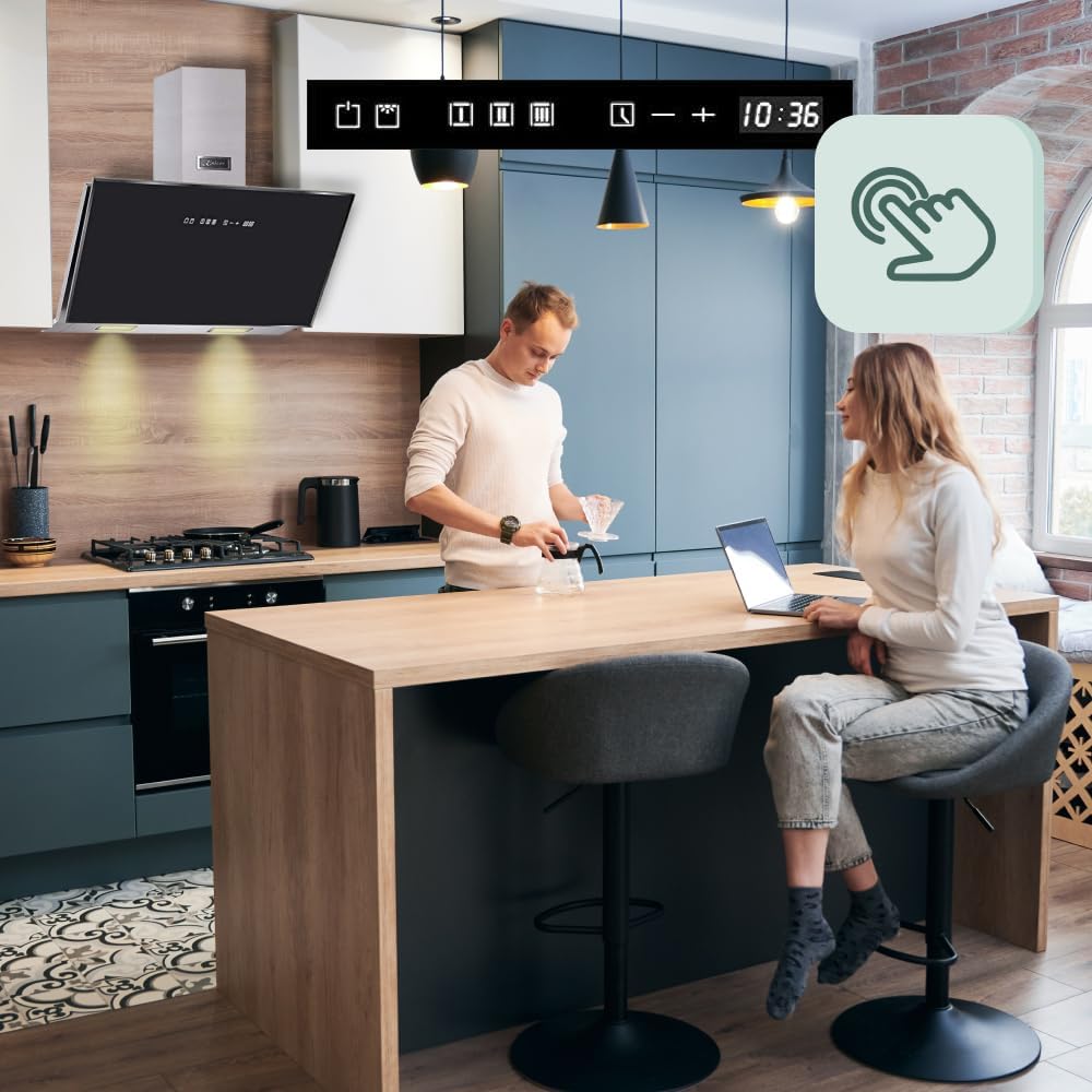 Kaiser AT 9430 F Eco range hood installed in a modern kitchen above a cooking range, showing its sleek design.