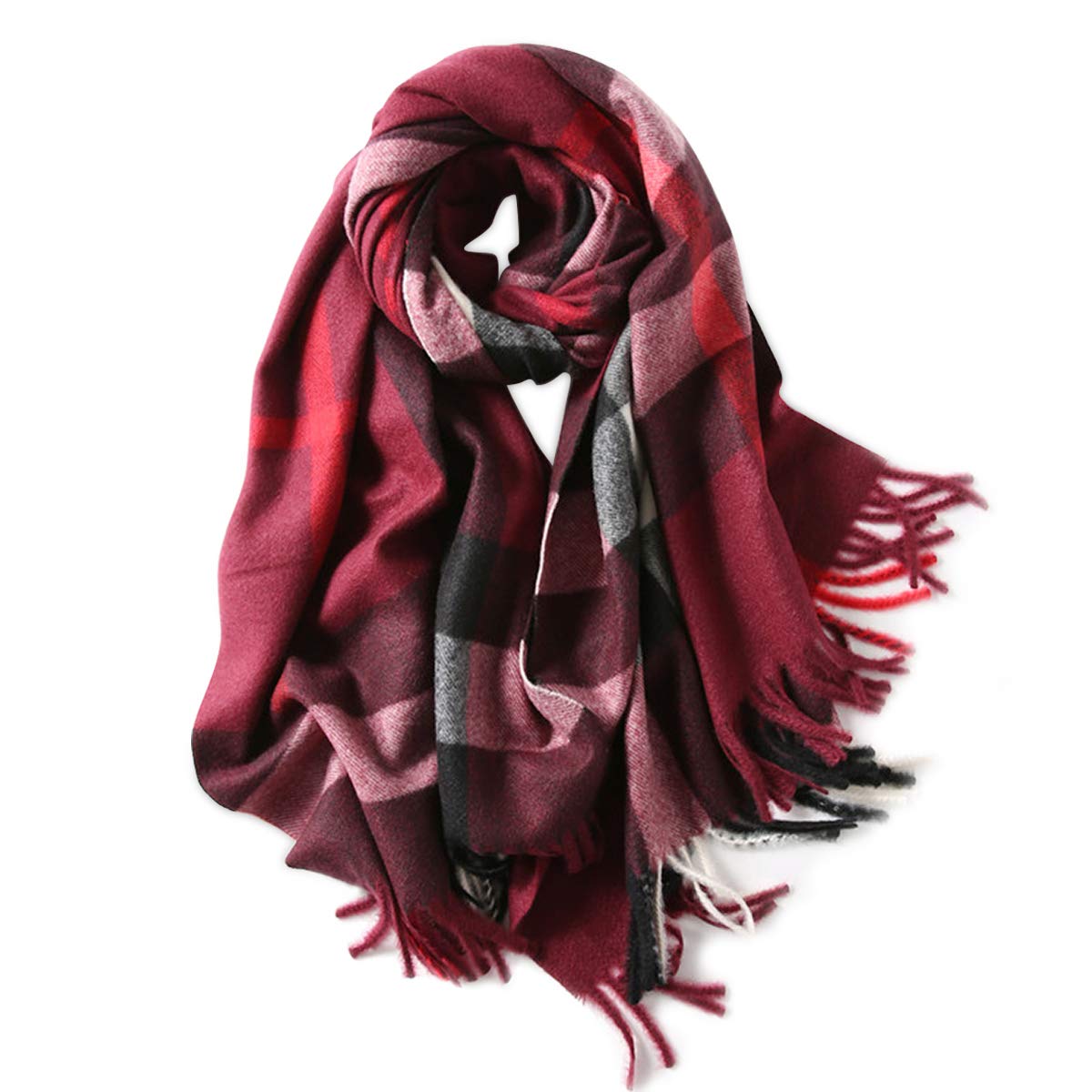 LumiSyne Zimowy senior w kratę kaszmirowy szalik z frędzlami dla kobiet mężczyzn oversize Tartan etola klasyczny wzór karo miękki i pogrubiony szal w kratkę Pashmina, czerwony (Weinrot), jeden rozmiar