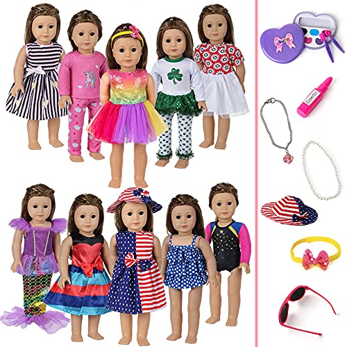 fundolls Doll-Clothes-Accessories for 18-Inch American-Girl Doll - 10 Sets Include 5 Dresses, 1 Pajama, 1 St Patrickâ€™s Outfit, 1 Mermaid Costume, 1 Swimsuit, 1 Gymnastics and 7 Accessories