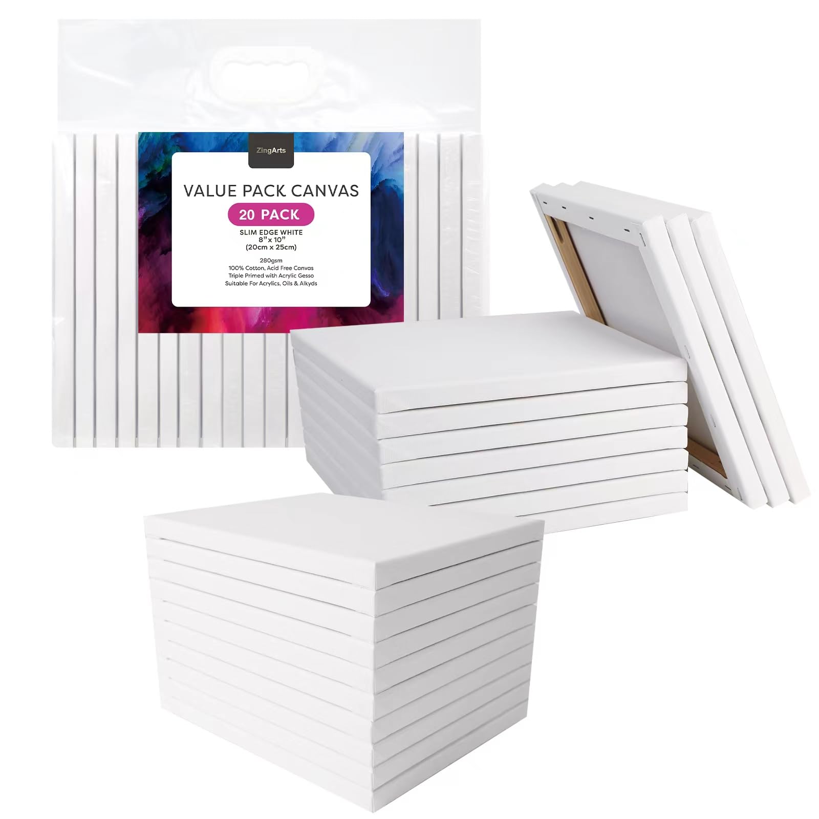 ZingArtsCanvases for Painting 8X10Inch 20-Pack,100% Cotton Primed Painting Canvas Panels,Stretched Canvas Boards is for Students & Kids, for Acrylic Paint, Oil Paint, Watercolor, Gouache