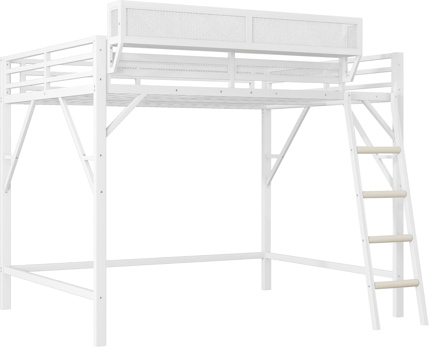 Queen Size loft Bed with A Shelf, Metal Loft Beds with Soft Ladder Rung Cover, Heavy-Duty Tall Loft Bed Frame for Kids Boys Girls Teens Adults, Noise-Free,No Box Spring Needed, White