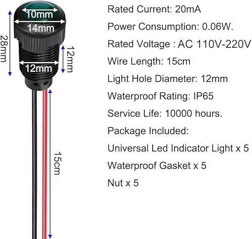 Miniatura 21 de 5pcs 0.472 in LED Metal Indicador Luz AC 110V-220V Impermeable Señal Lámpara (Rojo)