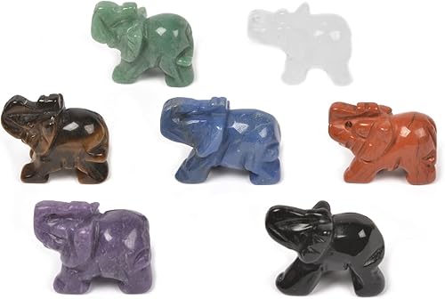 justinstones Mezcla de 7 figuras de elefante de piedras preciosas talladas a mano, cristales curativos de buena suerte para decoración del hogar,