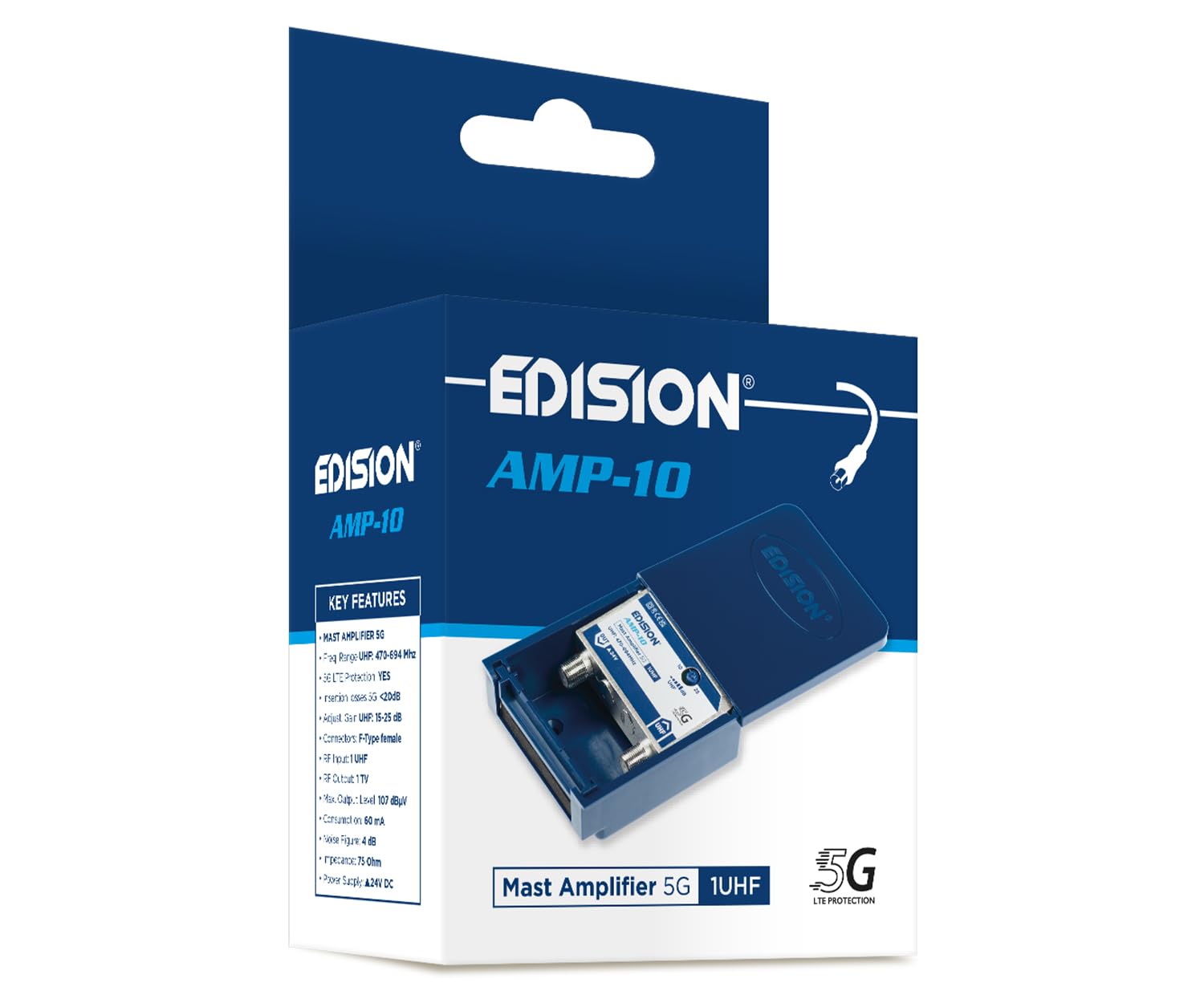 EDISION AMP-10 1UHF wzmacniacz anteny telewizyjnej 10-25 db regulowany, 107 dBmV, 24 V, do cyfrowej naziemnej DVB-T/T2, częstotliwości UHF 470-694 MHz, z filtrem 5G LTE