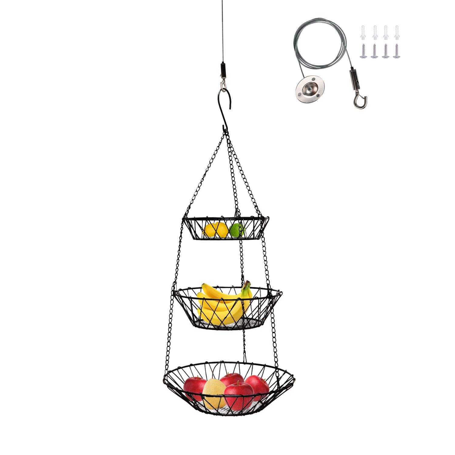 3 Tier Hanging Basket with Adjustable Wall Mount Ceiling Hanging Hooks