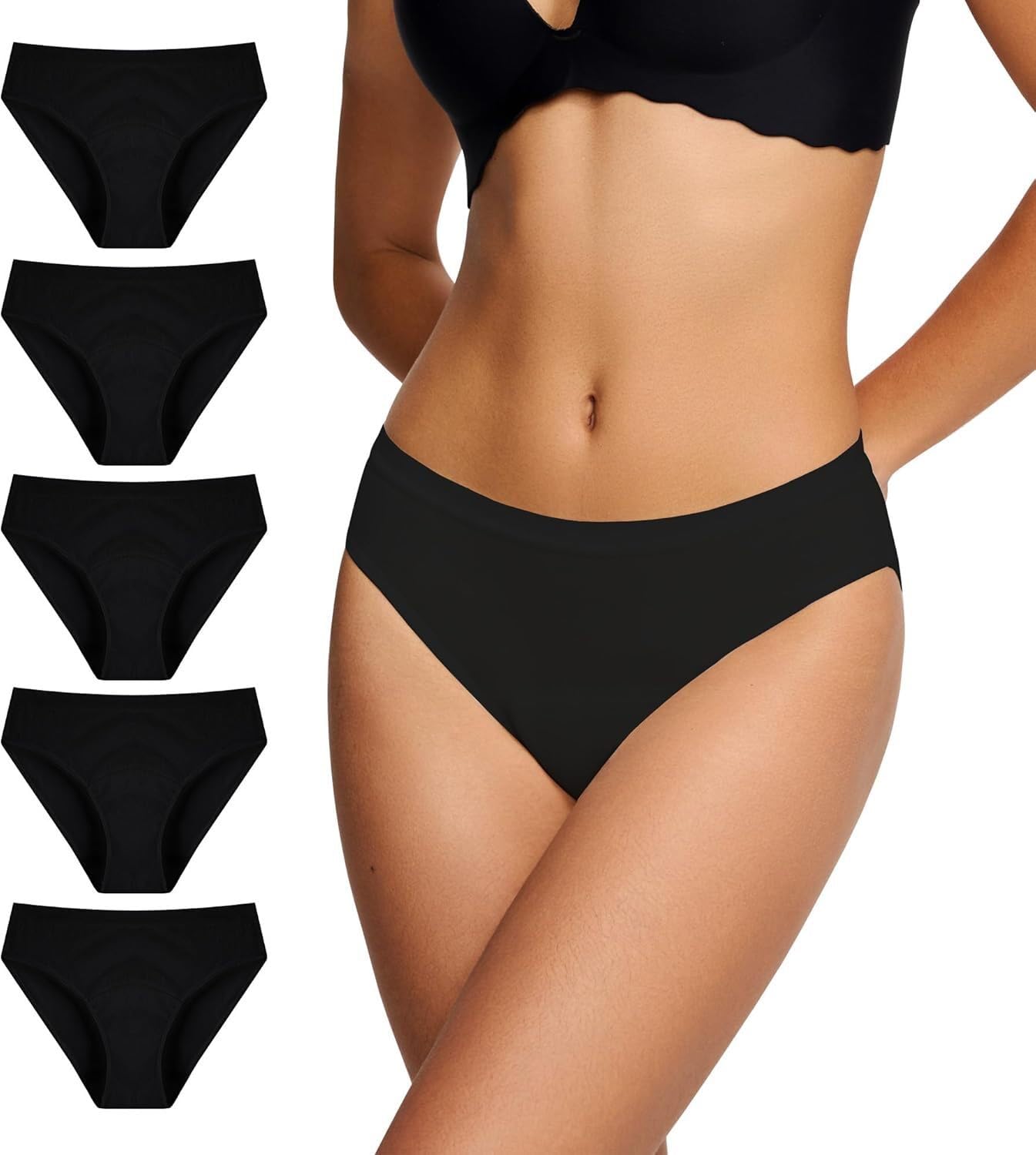 BATTEWA Womens Leak Proof Underwear Light Incontinence Bikini Panties Reusable Odor Control Protective Briefs for Ladies Teens 40ml (Black, L, 5 Pack)