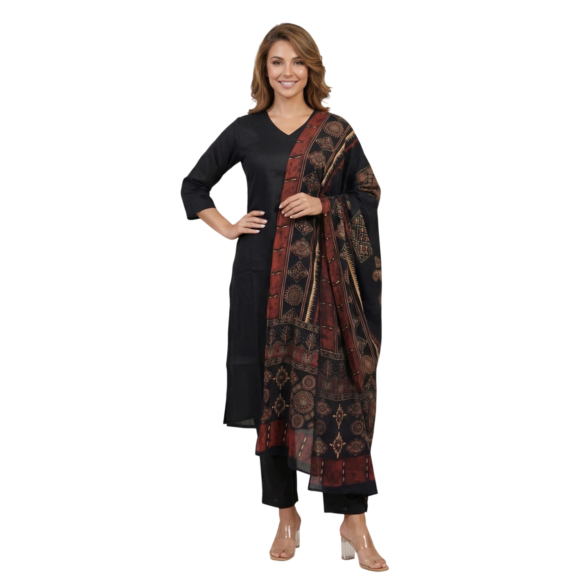 fabmoha Pure Cotton Ajrakh Handblock Printed Dupatta for Women | Full Length Traditional Ethnic Stole | Soft Breathable Fabric | Black & Maroon Kalamkari Style Dupatta | For Festive, Casual & Party-picture-30
