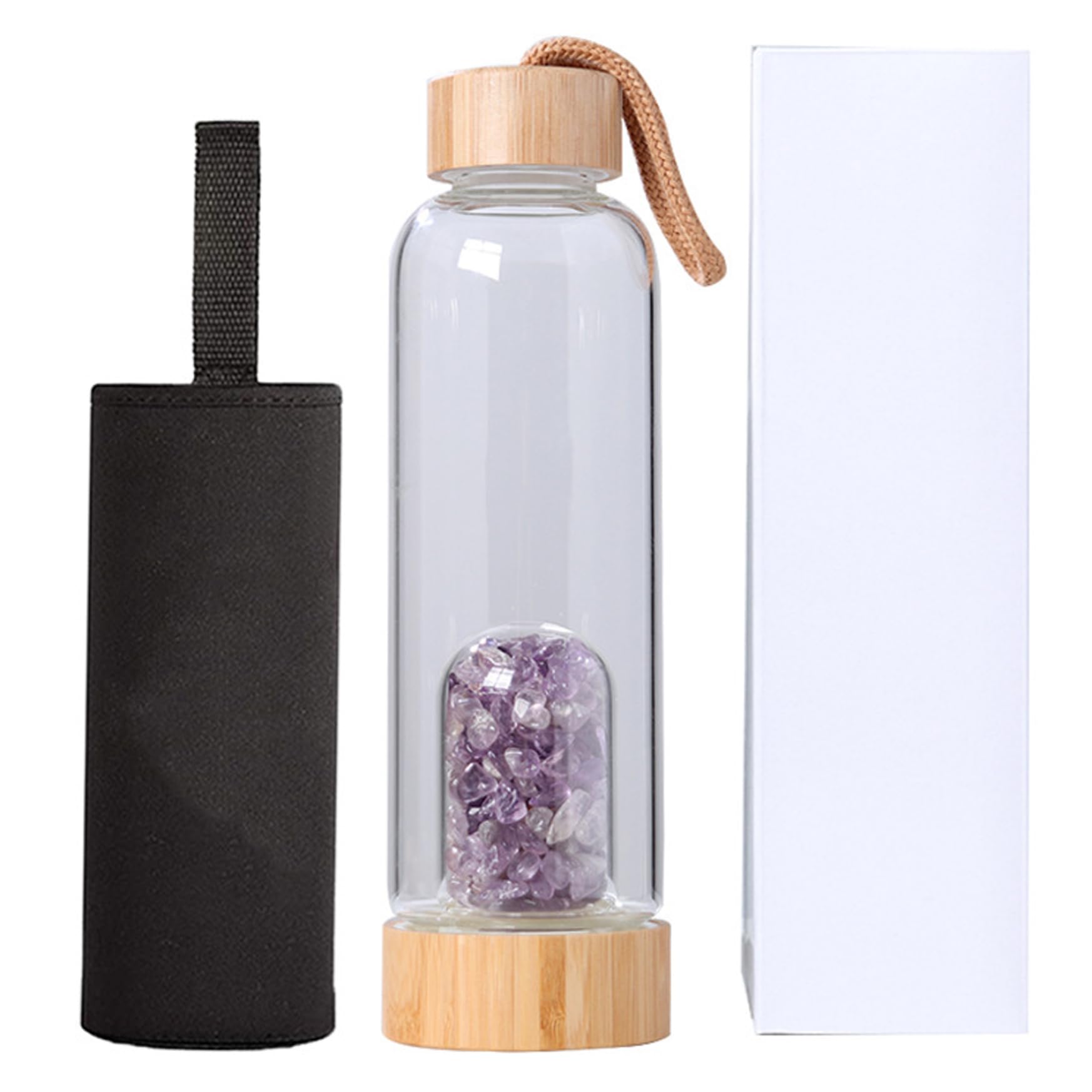 Joygoodta Crystal Water Bottle, Glass Water Bottle with Amethyst Crystal Infuser, Bamboo Lid & Protective Sleeve, 7x26 cm