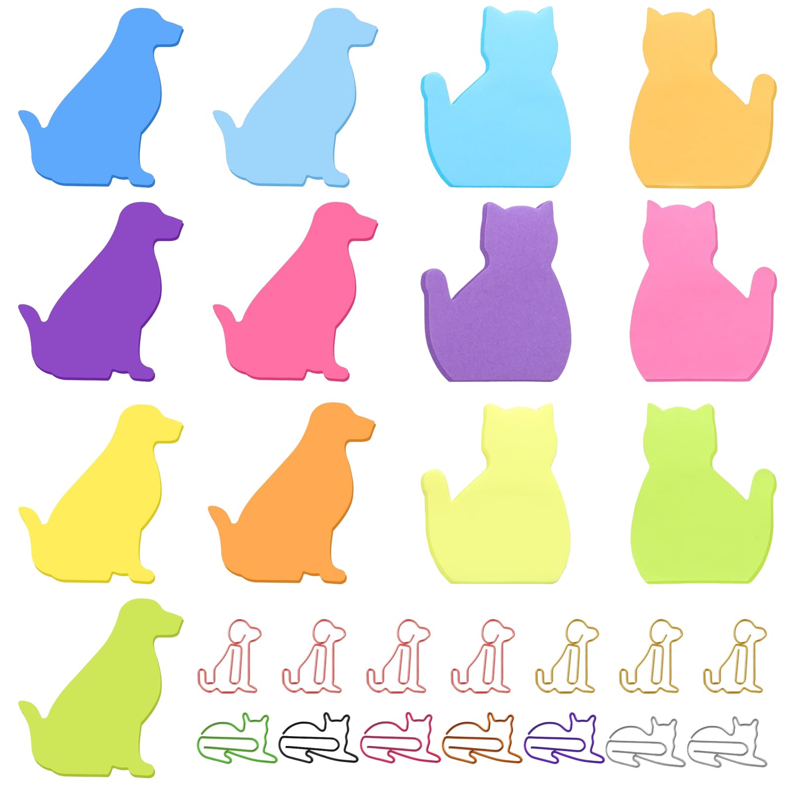 Haftnotizen mit Katzenmotiv, mit 14 Büroklammern für Katzen und Hunde, bunt, 7 Farben, 390 Stück