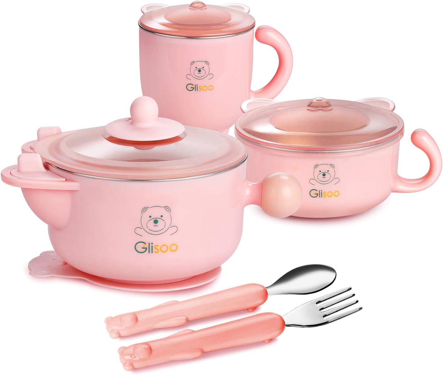 GLISOO BPA Free & 316 Stainless Steel 6 Piece Childrenโs Dinnerware,Kids Mealtime Set for Healthy Infant Feeding, Great Gift for Baby Birthdays & Preschool Graduations ๏ผPink