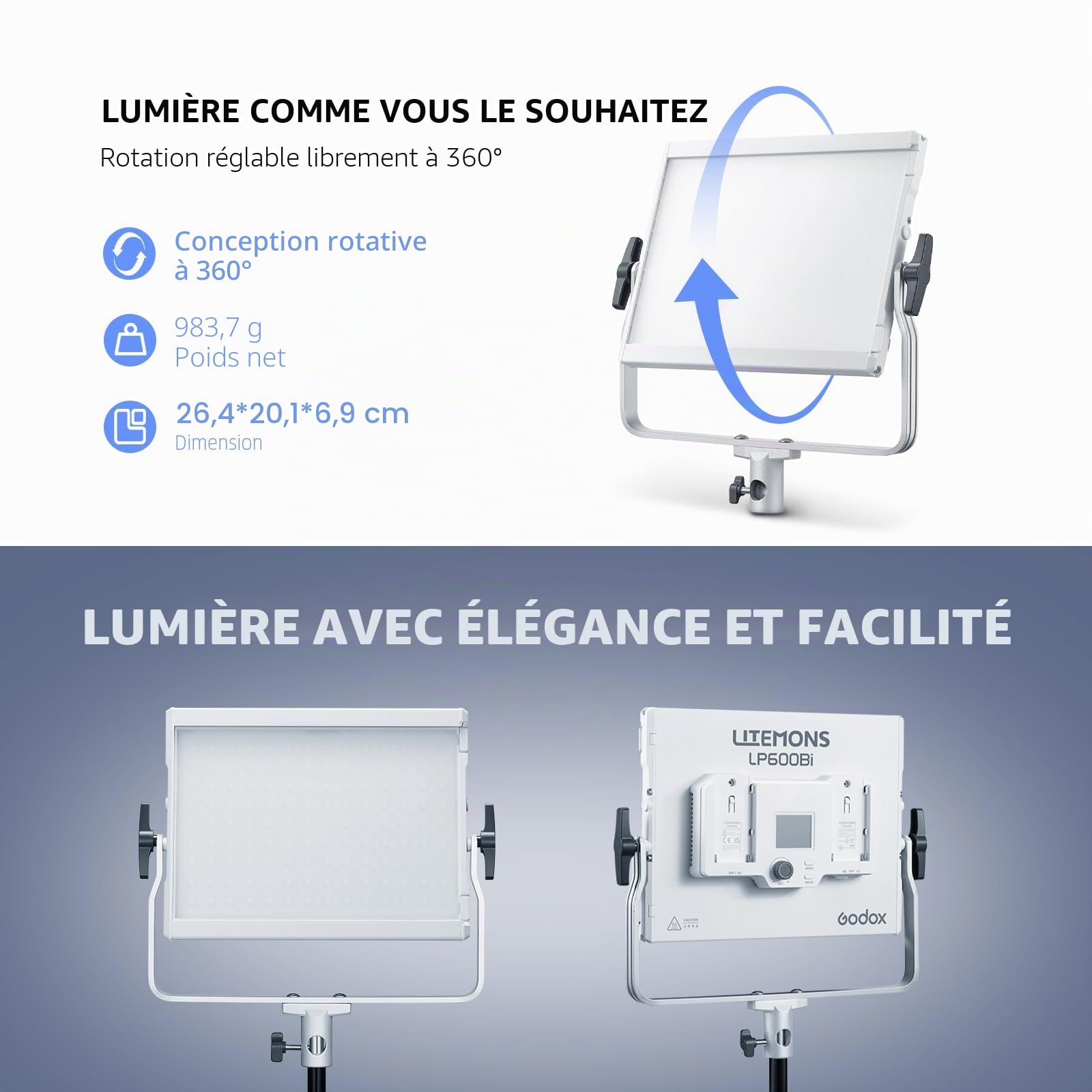 GODOX Litemons LP600Bi LED Vidéo Lampe Panneau, 60W Éclairage Continu