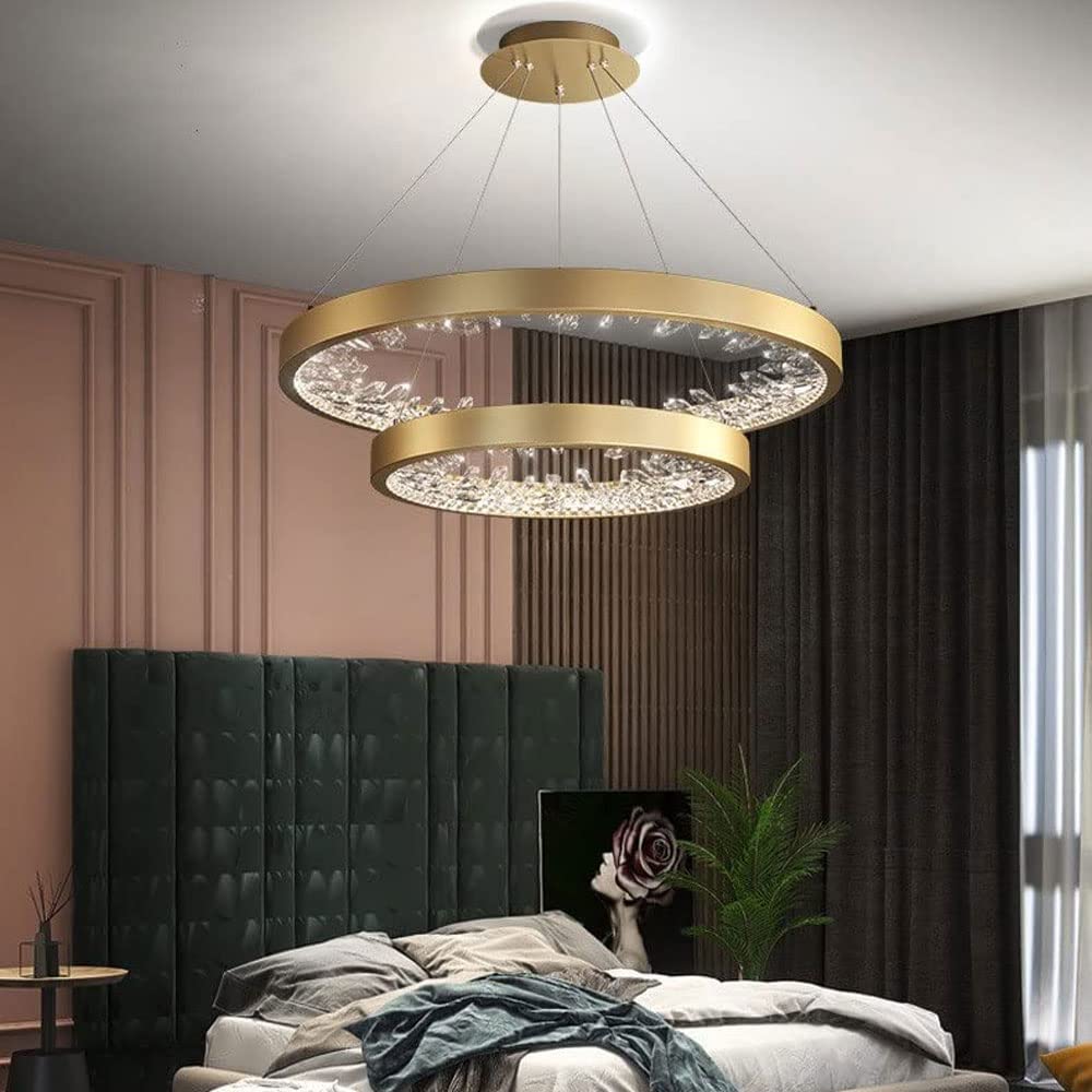 Pełna miedź sufitowa lampa wisząca, ściemnialna kryształowa dioda LED wisząca lampa sufitowa podwójny pierścień nowoczesna lampa wisząca LED żyrandol do sypialni jadalnia Made in China