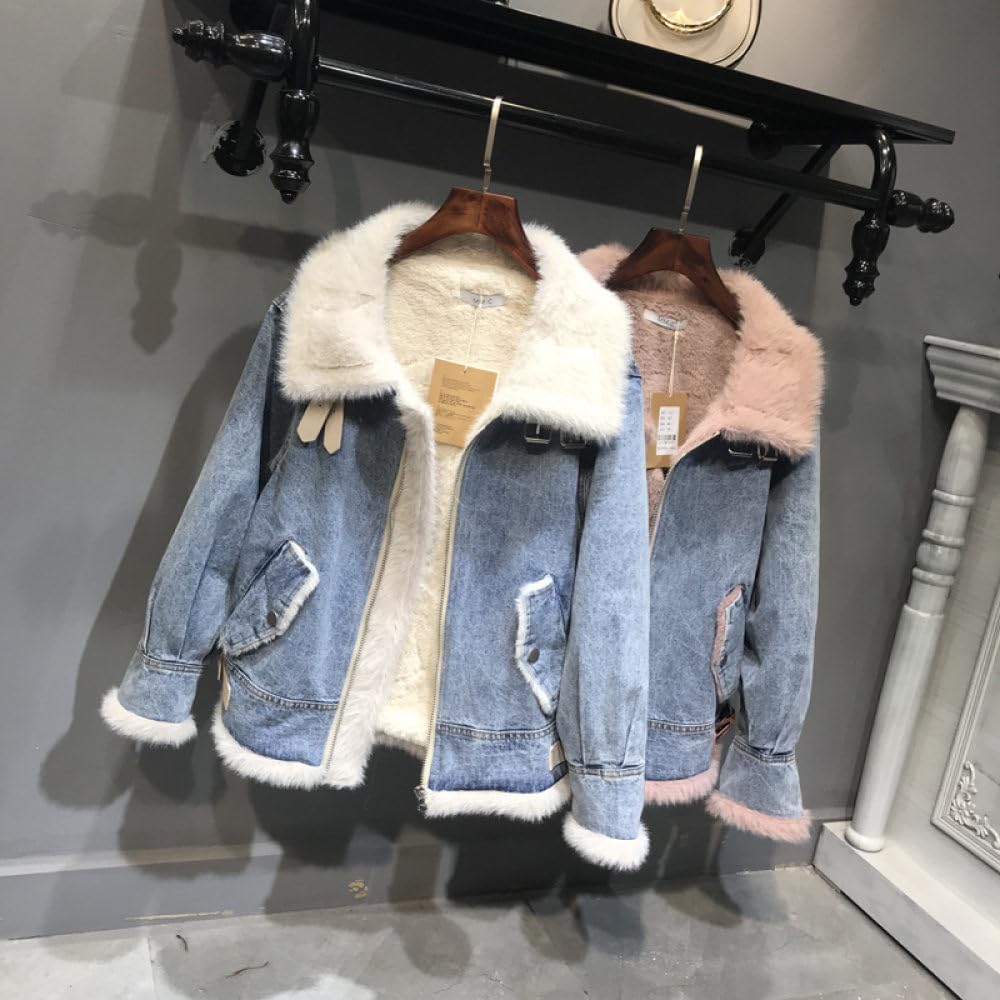 Chaqueta Vaquera De Invierno para Mujer,Chaqueta Vaquera Desgastada Forrada De Lana Cálida Parka Gruesa Recortada Informal Lavado Cremallera Manga Larga Chaqueta De Solapa Otoño Invierno Ropa De Abr
