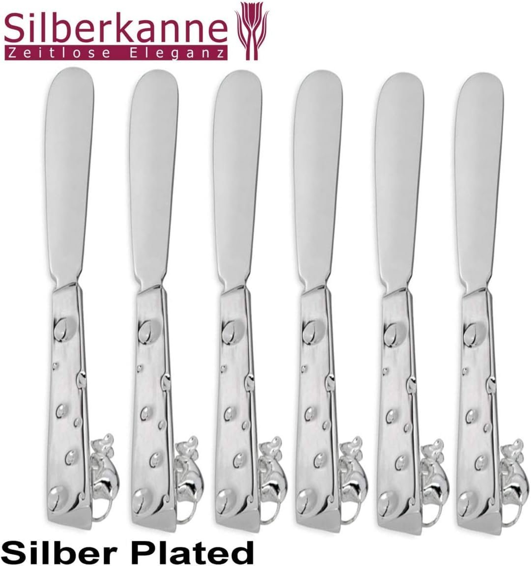 Buttermesser Set 6-teilig Versilbert – Maus & Käse Design – 14,5 cm – Streichmesser aus Versilbertem Edelstahl – Edel, Silber
