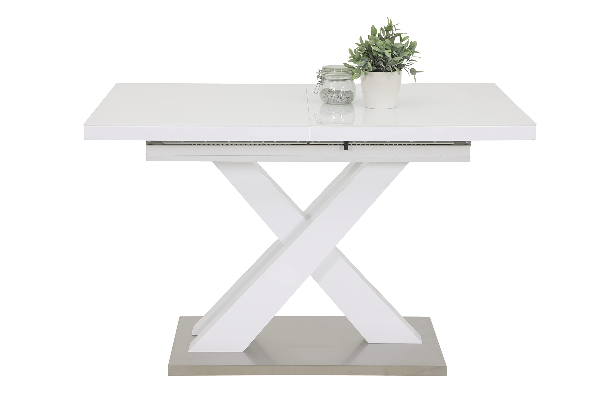 Hela Tische, Säulentisch Elvira, Holzwerkstoff lakiert, Hochglanz Weiß + 4mm Glasplatte, Bodenplatte Edelstahl, ausziehbar 120-160x80cm