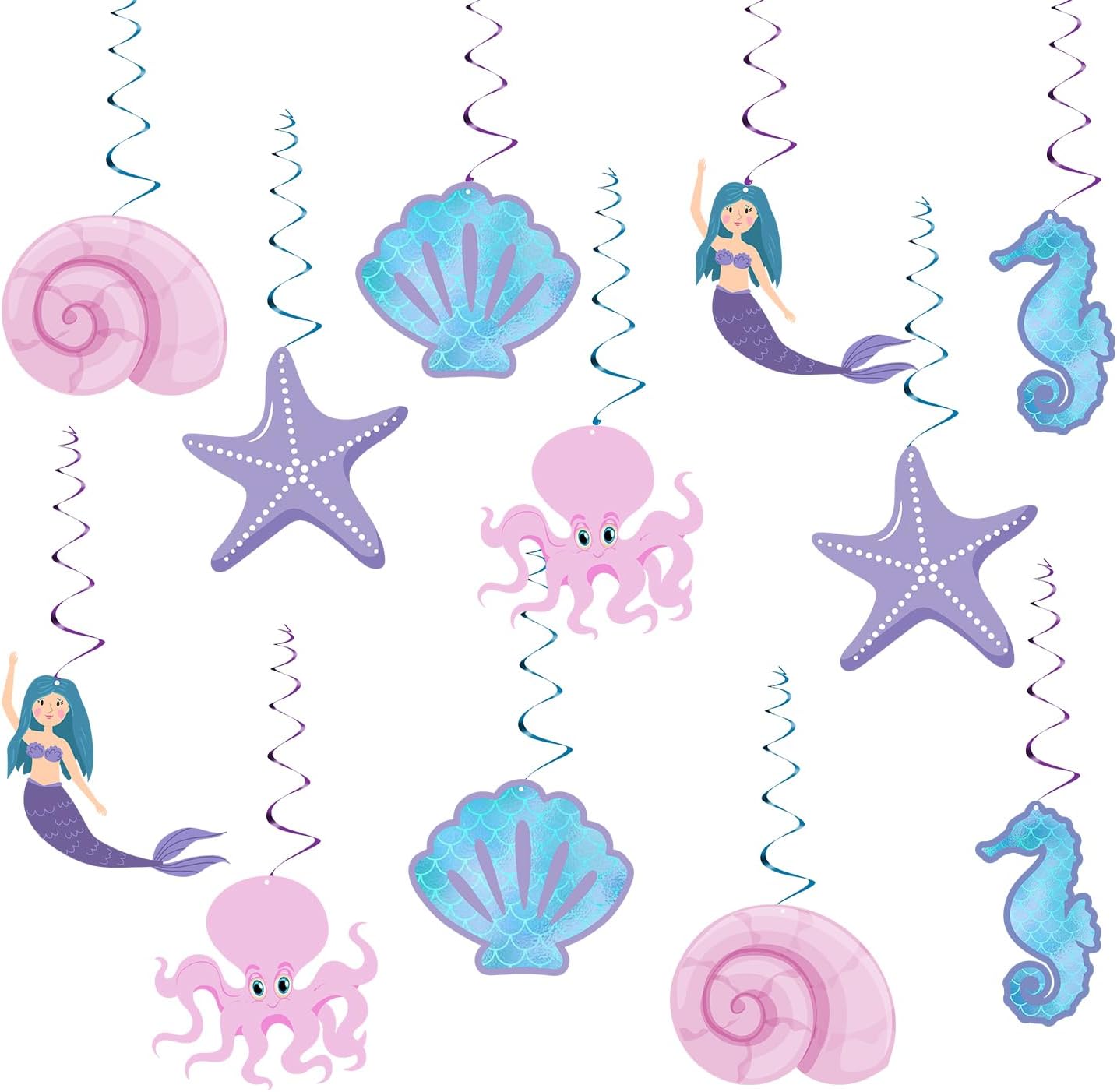 Party Propz Mermaid Theme Swirls - 12 Pcs, Ceiling Hanging Decoration | Swirls For Birthday Decoration | Wall Decoration | Mermaid Theme Birthday Decorations | Birthday Decoration Items (Cardstock)