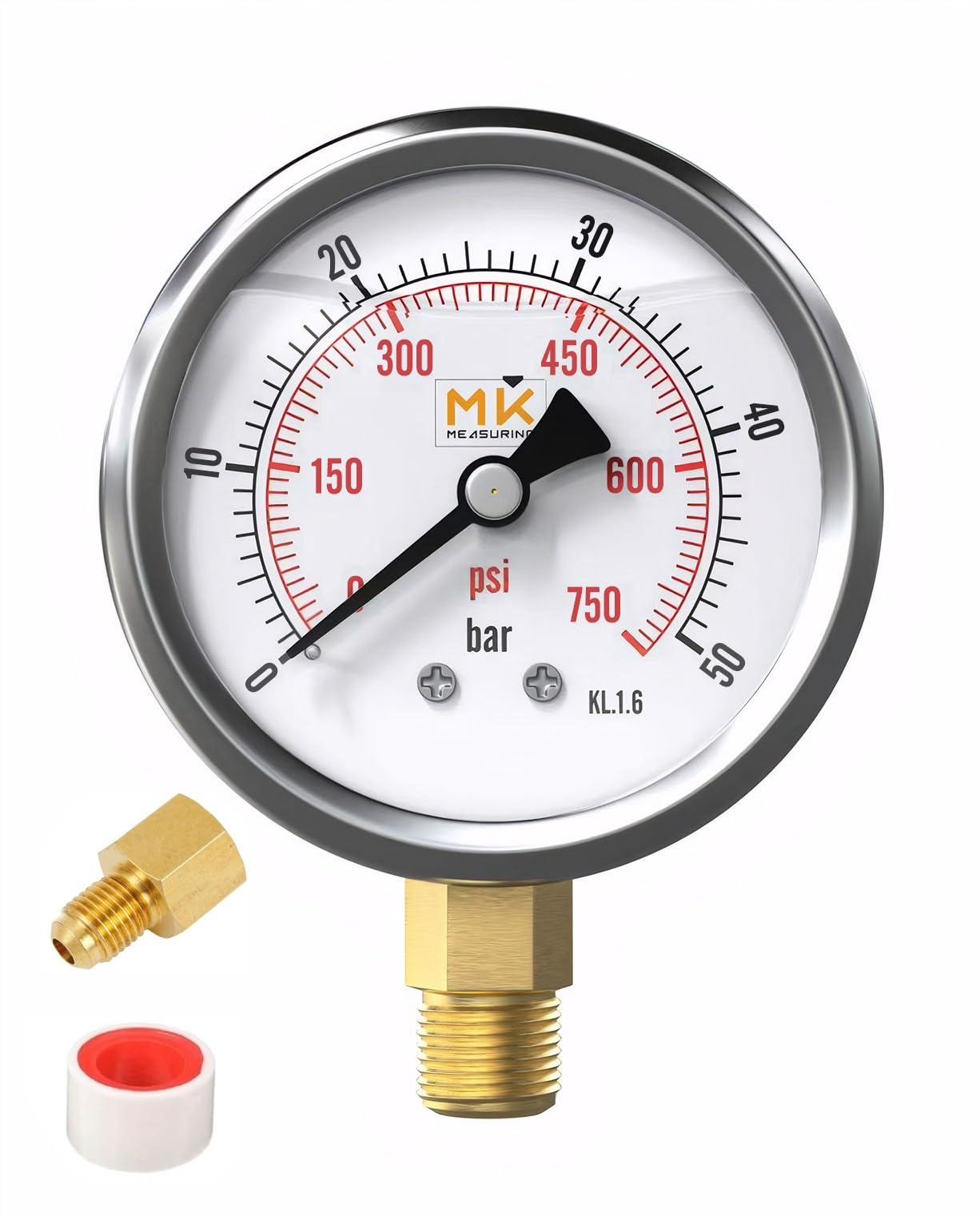 Manómetro glicerina 0-50 bar, conexión 1/4 NPT, carcasa de acero inoxidable con teflón y adaptador 1/4 NPT a 1/4 BSP para probador de compresión, presión de aire, neumáticos, agua, gas.
