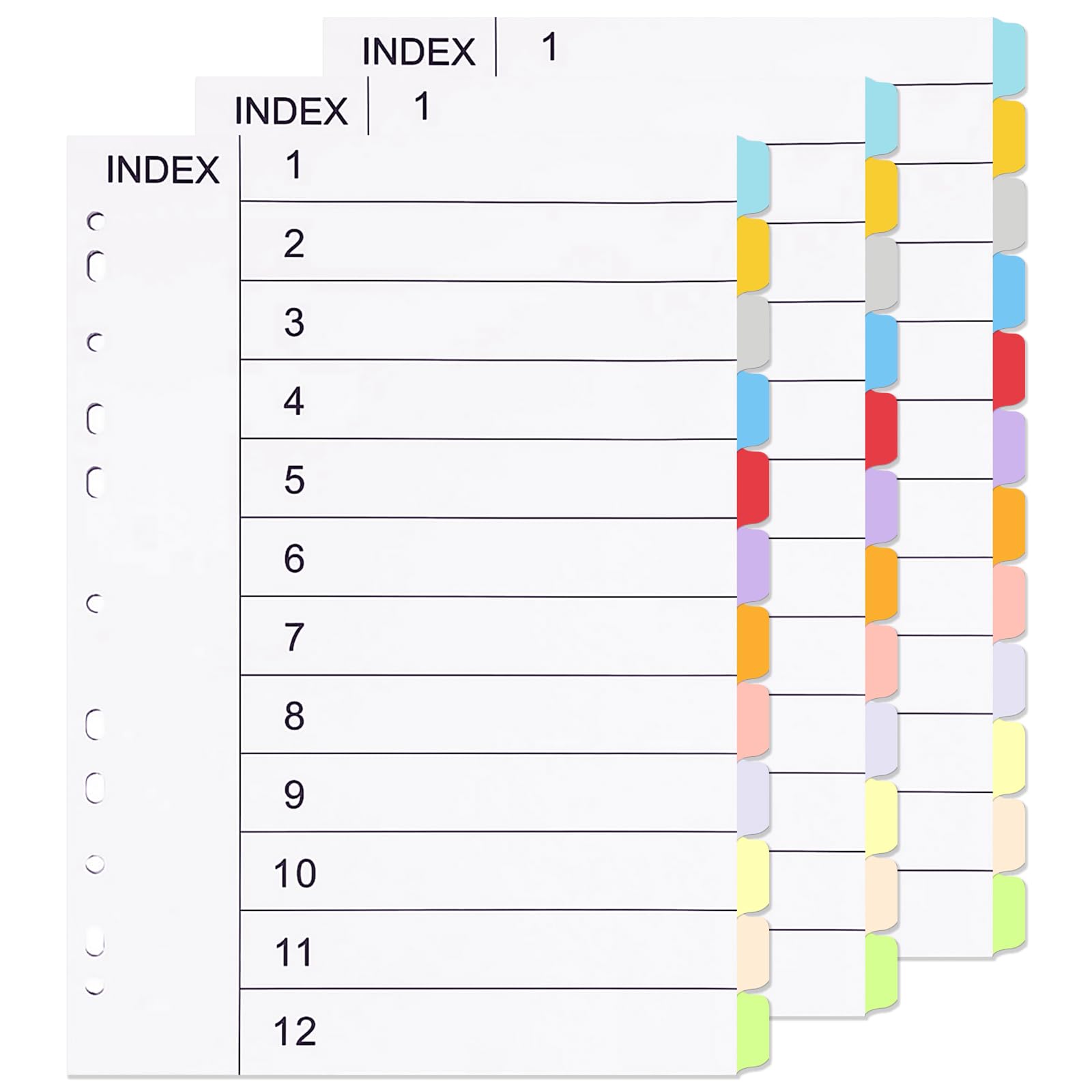 Wosyoodo File Dividers A4, 3 Pack Folder Dividers with 1-12 Tabs, 30x22cm A4 File Dividers, 11 Hole Punched Index Dividers with Colored Tabs, A4Dividers for Ring Binders, Lever Arch Files