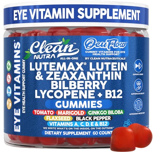 Clean Nutra Lutein and Zeaxanthin Eye Vitamins Gummies + Bilberry for Eyes Vision Support Ginkgo Biloba Marigold, Vitamin B12 Flaxseed Black Pepper CoQ10 Vitamin A l 60 Count B OcuFlow