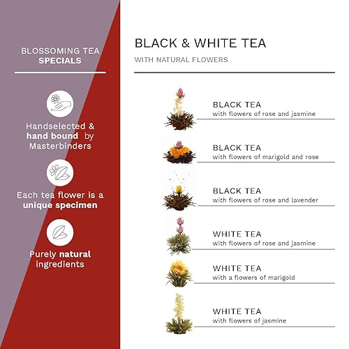 Miniatura 6 de Creano Blooming Tea Mix - Juego de 6 piezas de té blanco y té negro en elegante caja magnética con relieve plateado