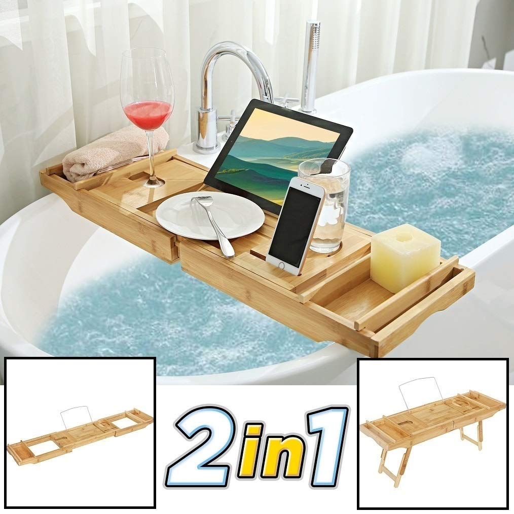 Decopatent 2 in 1 - Badewannenablage & Frühstückstablett mit Stützen - aus Bambus Holz/Badewannentablett/Badewannentisch/Betttablett mit ausklappbaren Beinen