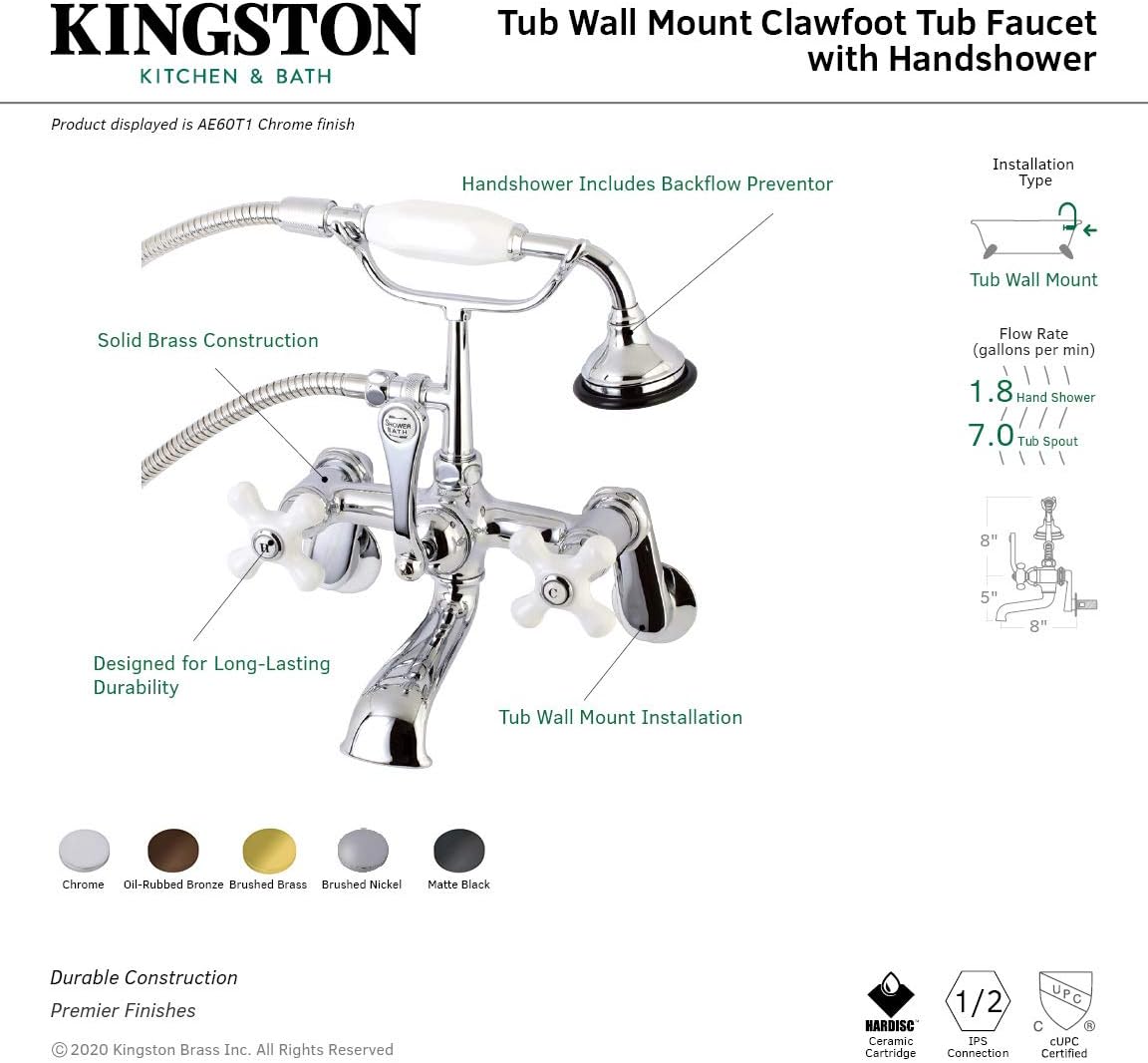Kingston Brass AE59T8 Vintage Tub Faucet, Brushed Nickel, 7 x 7.06 x 11.5